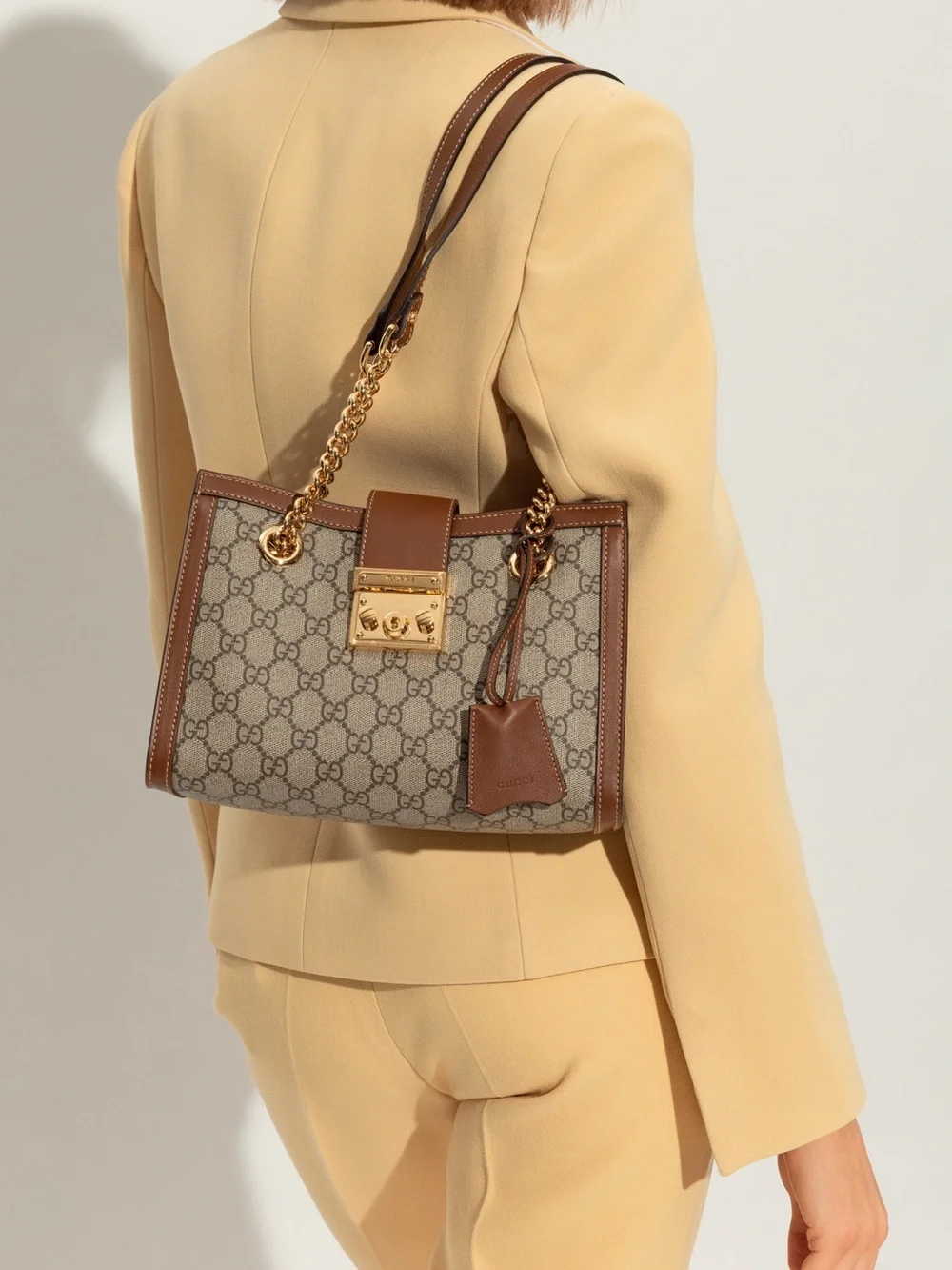 Gucci Brown GG Supreme Leather-Trim Shoulder Bag with Gold Hardware